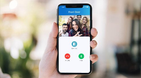 A phone showing a visitor at the door