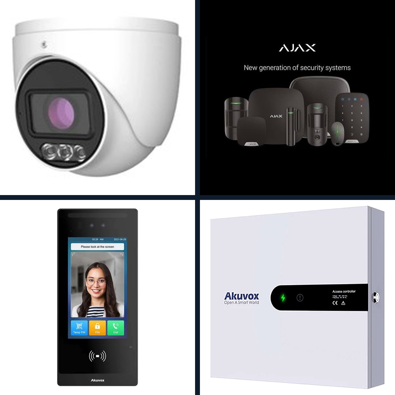 Security camera, Ajax alarm system, Akuvox video intercom, and Akuvox access controller